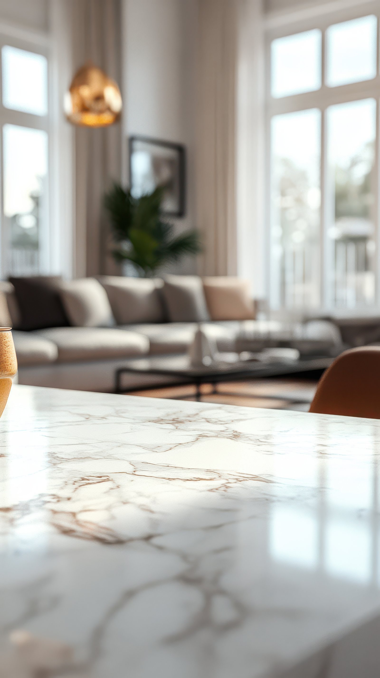 Modern living room with marble table and warm lighting creating a cozy atmosphere during daytime